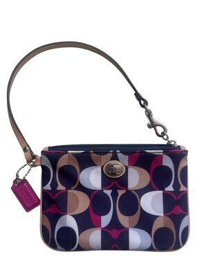 Coach Satin Wristlet Coin Purse Signature Logo Navy Pink Small Modern Artsy